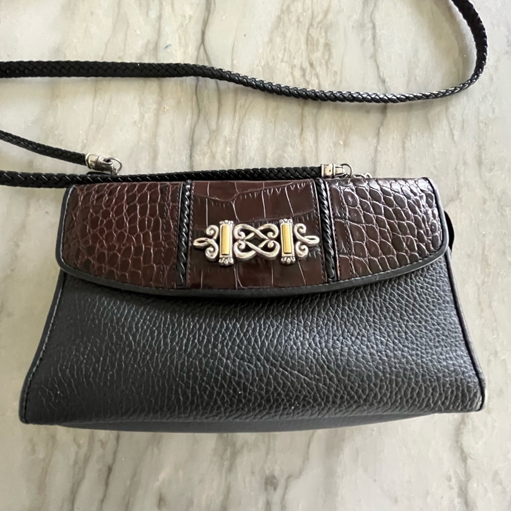 Brighton Crossbody Leather Vintage Purse Black w/Brown & Silver Accents EUC